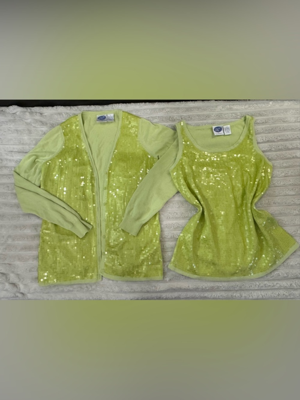 Diane Gilman Lime Green Sequin Cardigan and Tank Set